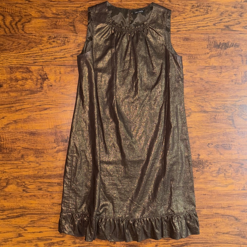 Tahari Bronze Sleeveless Knee-length Party Dress Glimmer Sparkle with Ruffle Hem